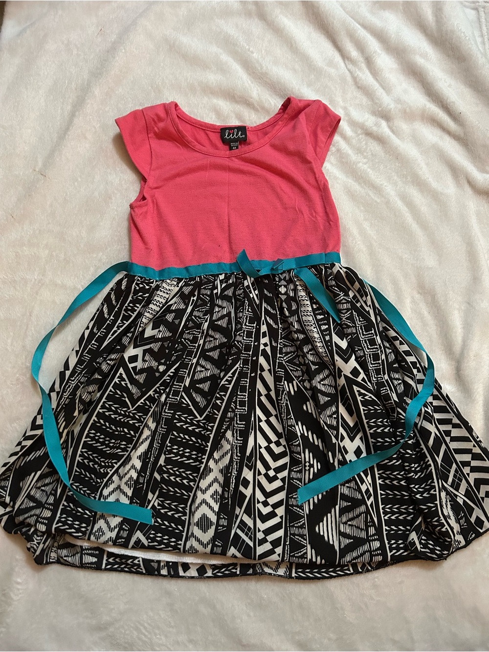 lilt Pink Bodice Black & White Aztec Skirt Dress with Teal Ribbon